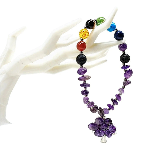 Bracelet -Amethyst Chip -7 Chakras Beads -Tree of Life Charm -Chip -Aromes Evasions 