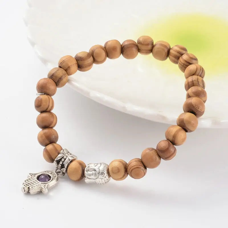 Bracelet -Wood -Fatima Hand -Amethyst -8mm -8mm -Aromes Evasions 