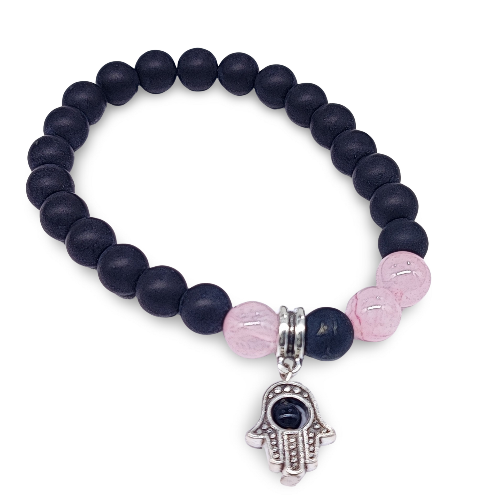 Bracelet -Black Agate Frosted Beads -Rose Quartz Beads -Fatima Hand -8mm - Arômes et Évasions