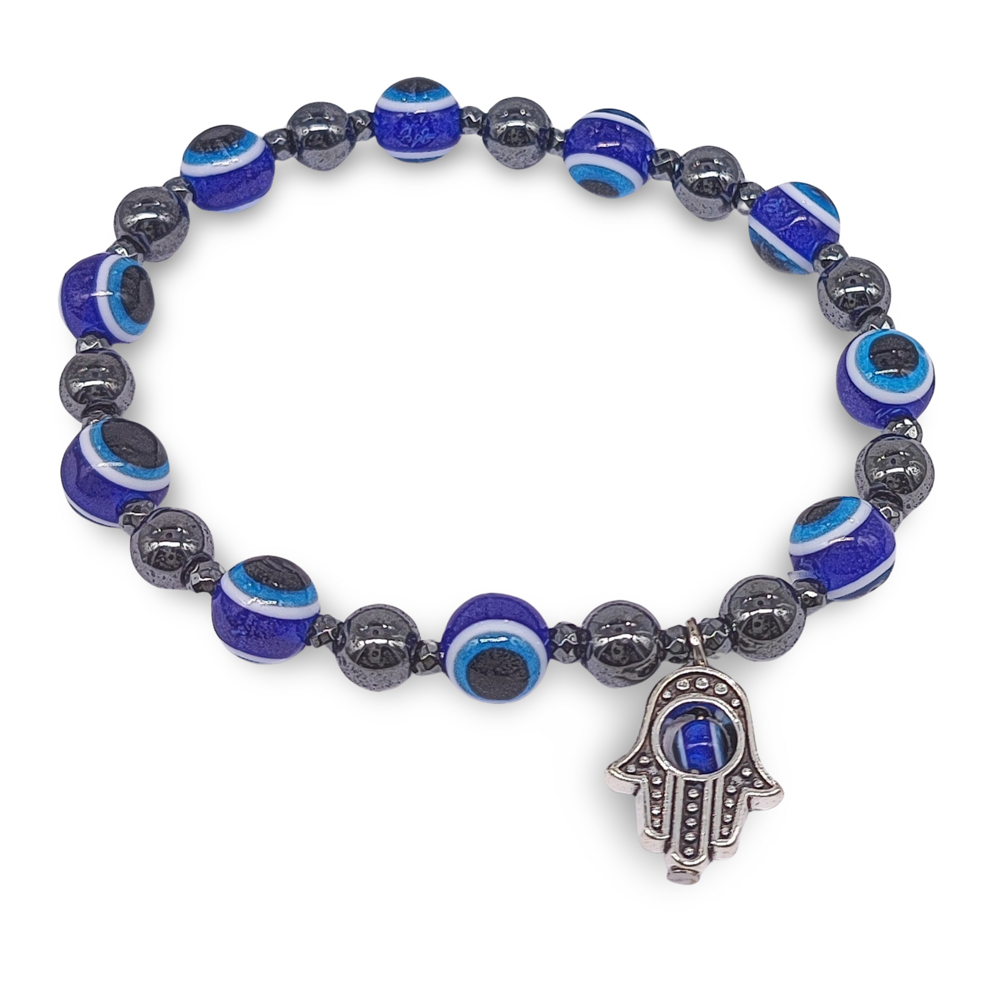 Bracelet -Evil Eye -Fatima Hand -Hematite -8mm - Arômes et Évasions