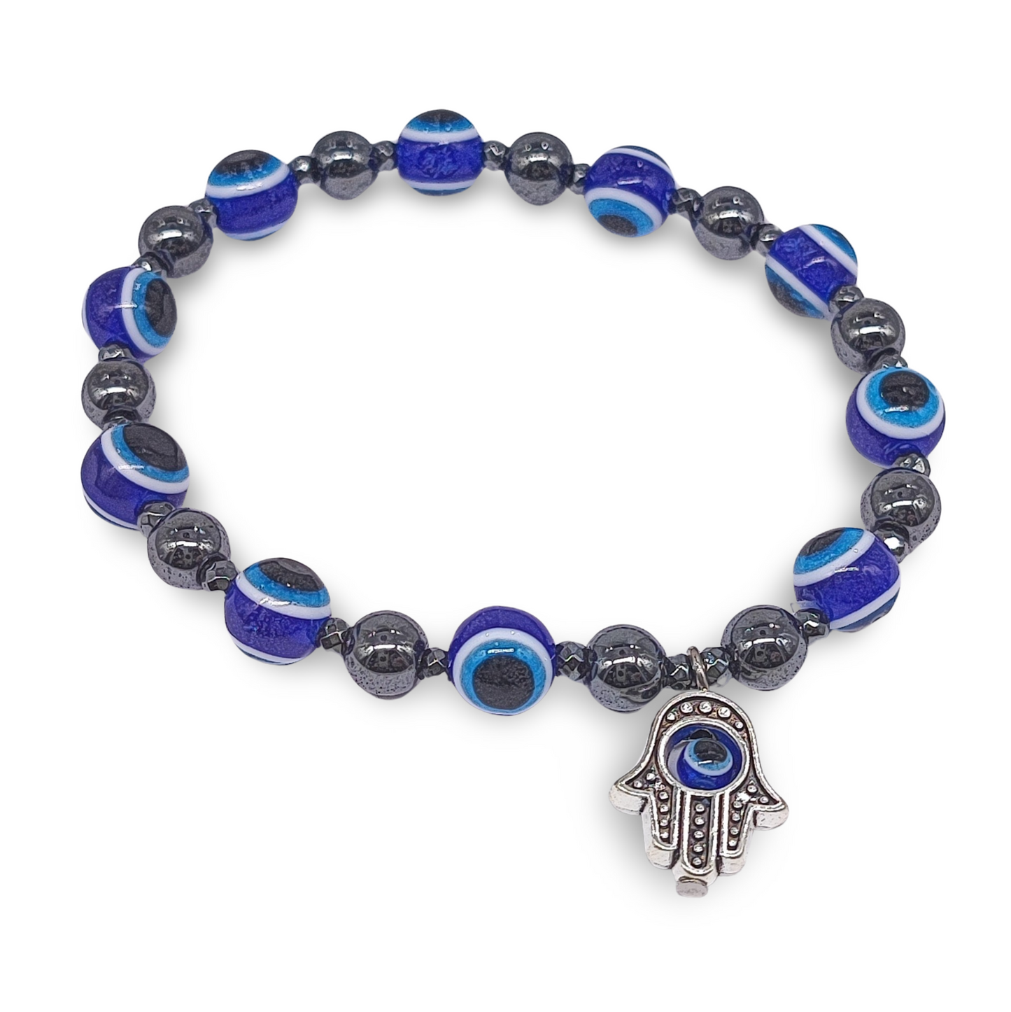 Bracelet -Evil Eye -Fatima Hand -Hematite -8mm - Arômes et Évasions