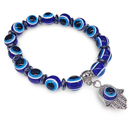 Bracelet -Evil Eye -Fatima Hand -Small Hematite -10mm - Arômes et Évasions