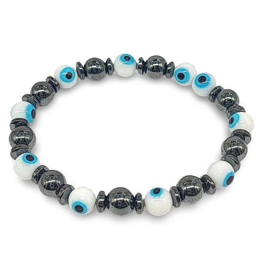 Bracelet -White Evil Eye -Hematite -8mm -8mm -Aromes Evasions