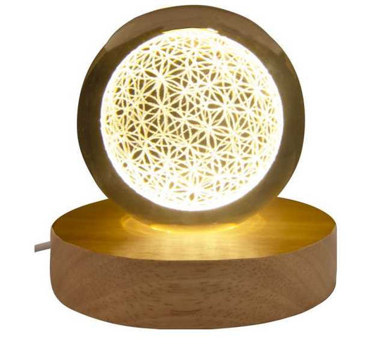 Home Decor -Glass Crystal Ball -Engrave Flower of Life -With LED Light Wood Base -3 -Home Decor -Aromes Evasions 