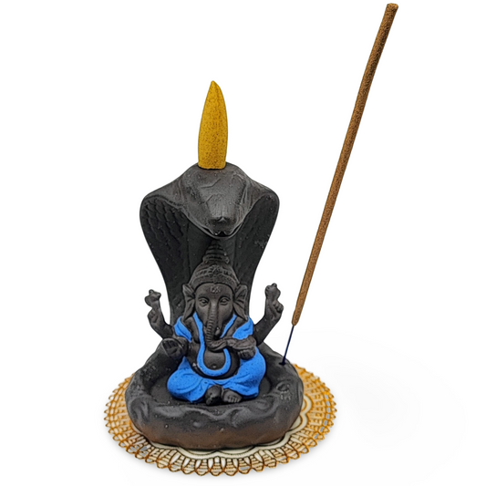 Incense Burner Kit -Ceramic -Backflow & Stick Holder -Ganesha with Snake -Blue - Arômes et Évasions