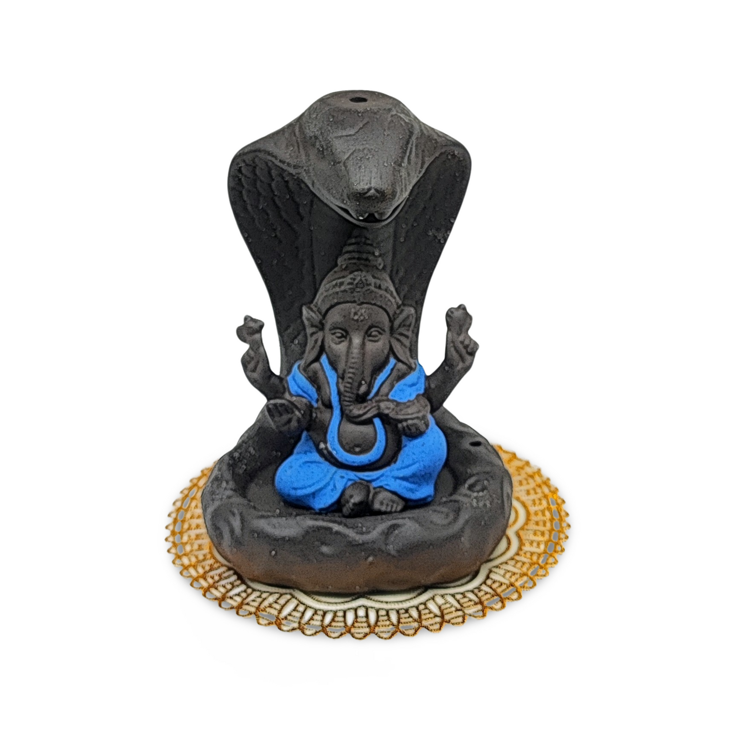 Incense Burner Kit -Ceramic -Backflow & Stick Holder -Ganesha with Snake -Blue - Arômes et Évasions