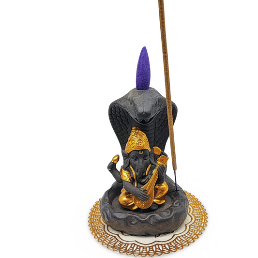 Incense Burner Kit -Ceramic -Backflow & Stick Holder -Ganesha with Snake -Gold - Arômes et Évasions