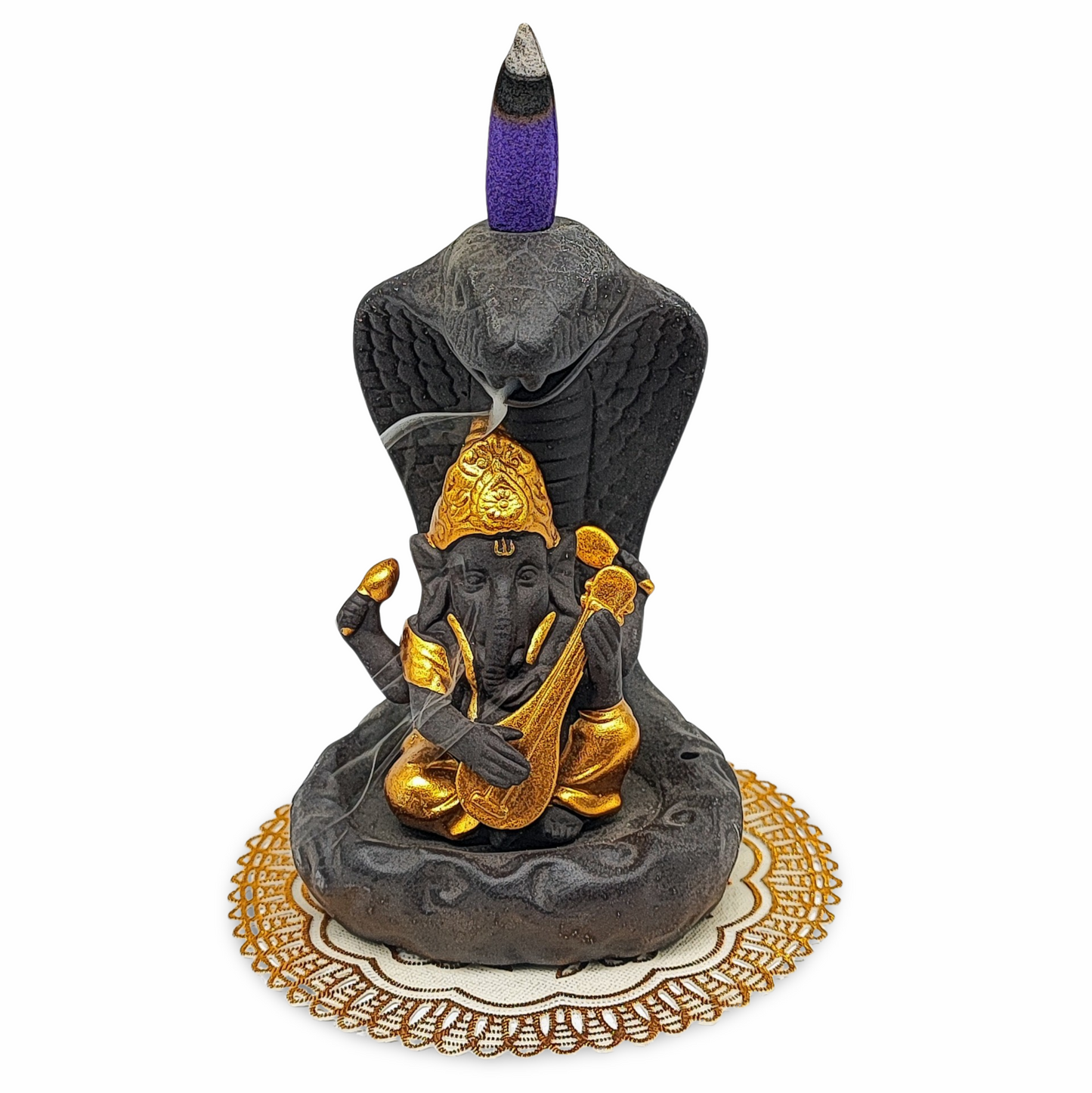 Incense Burner Kit -Ceramic -Backflow & Stick Holder -Ganesha with Snake -Gold - Arômes et Évasions