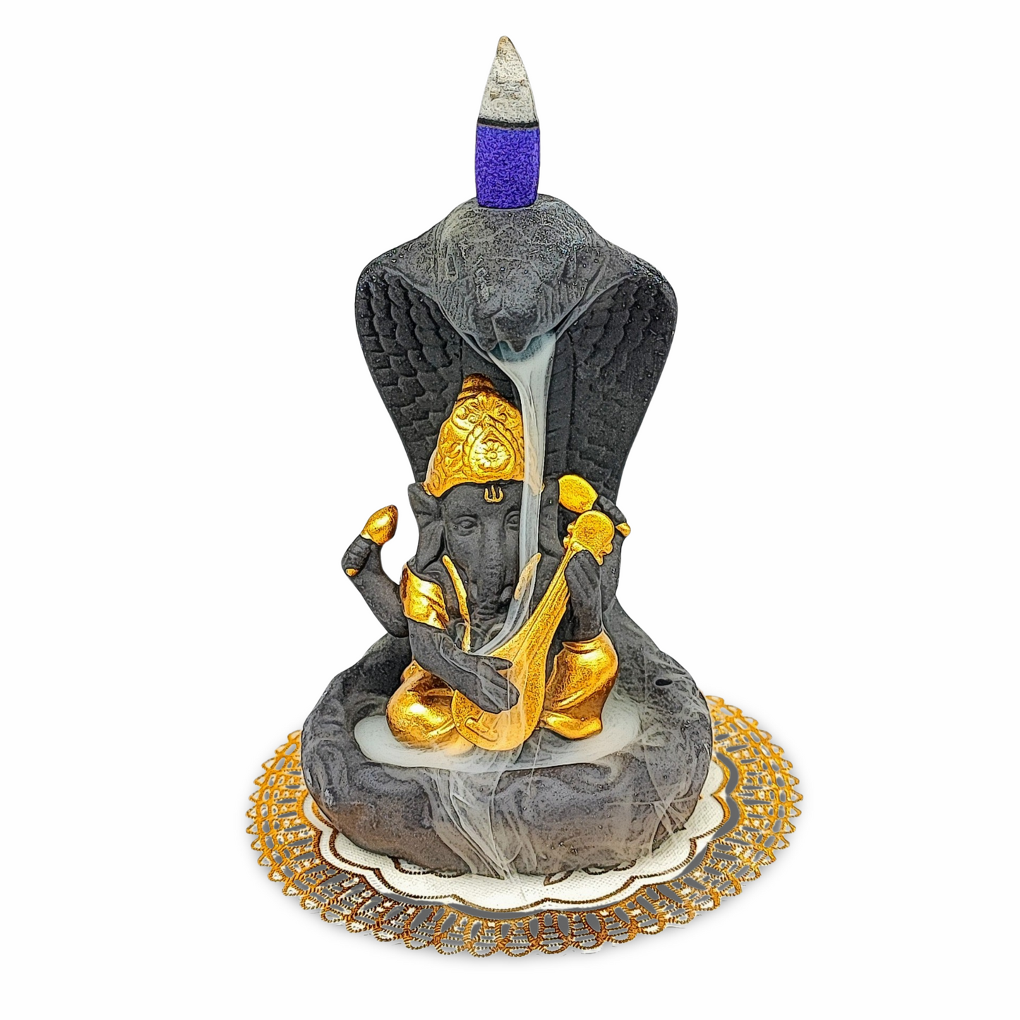 Incense Burner Kit -Ceramic -Backflow & Stick Holder -Ganesha with Snake -Gold - Arômes et Évasions