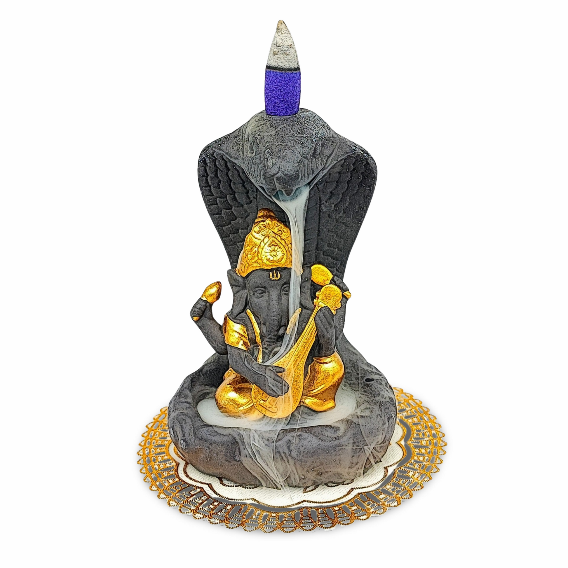 Incense Burner Kit -Ceramic -Backflow & Stick Holder -Ganesha with Snake -Gold - Arômes et Évasions