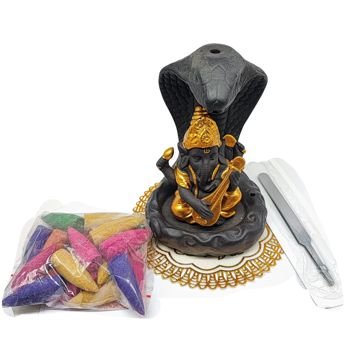 Incense Burner Kit -Ceramic -Backflow & Stick Holder -Ganesha with Snake -Gold - Arômes et Évasions