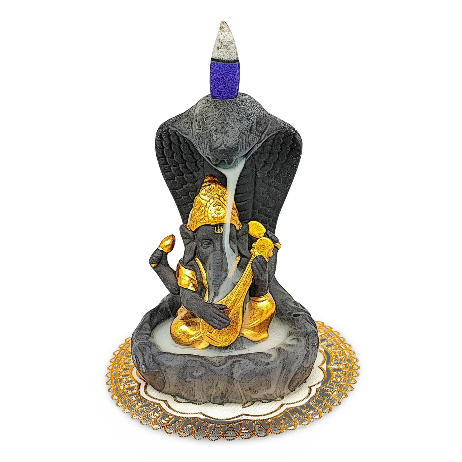 Incense Burner Kit -Ceramic -Backflow & Stick Holder -Ganesha with Snake -Gold - Arômes et Évasions