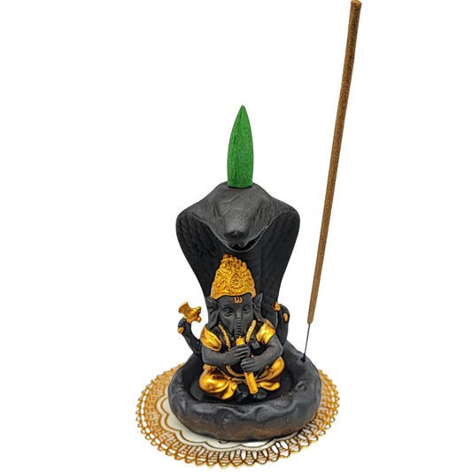 Incense Burner Kit -Ceramic -Backflow & Stick Holder -Ganesha with Snake -Yellow - Arômes et Évasions