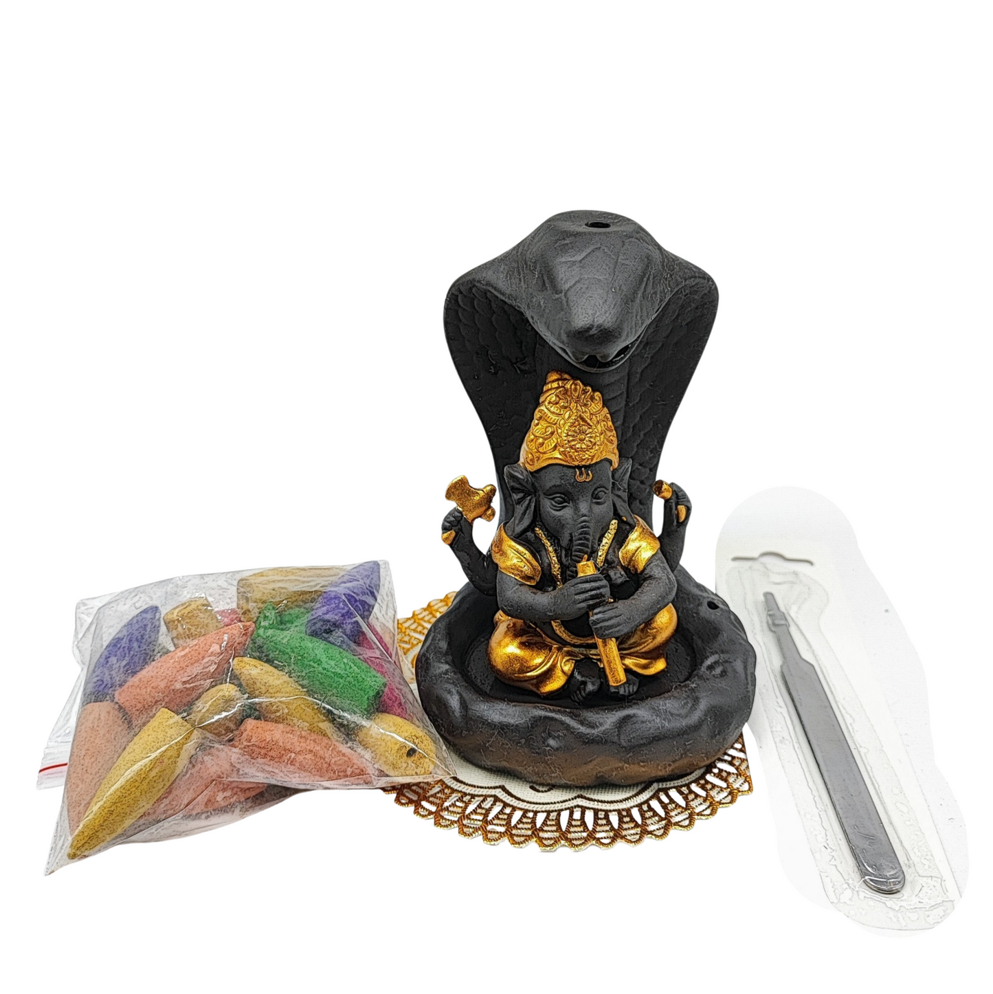 Incense Burner Kit -Ceramic -Backflow & Stick Holder -Ganesha with Snake -Yellow - Arômes et Évasions