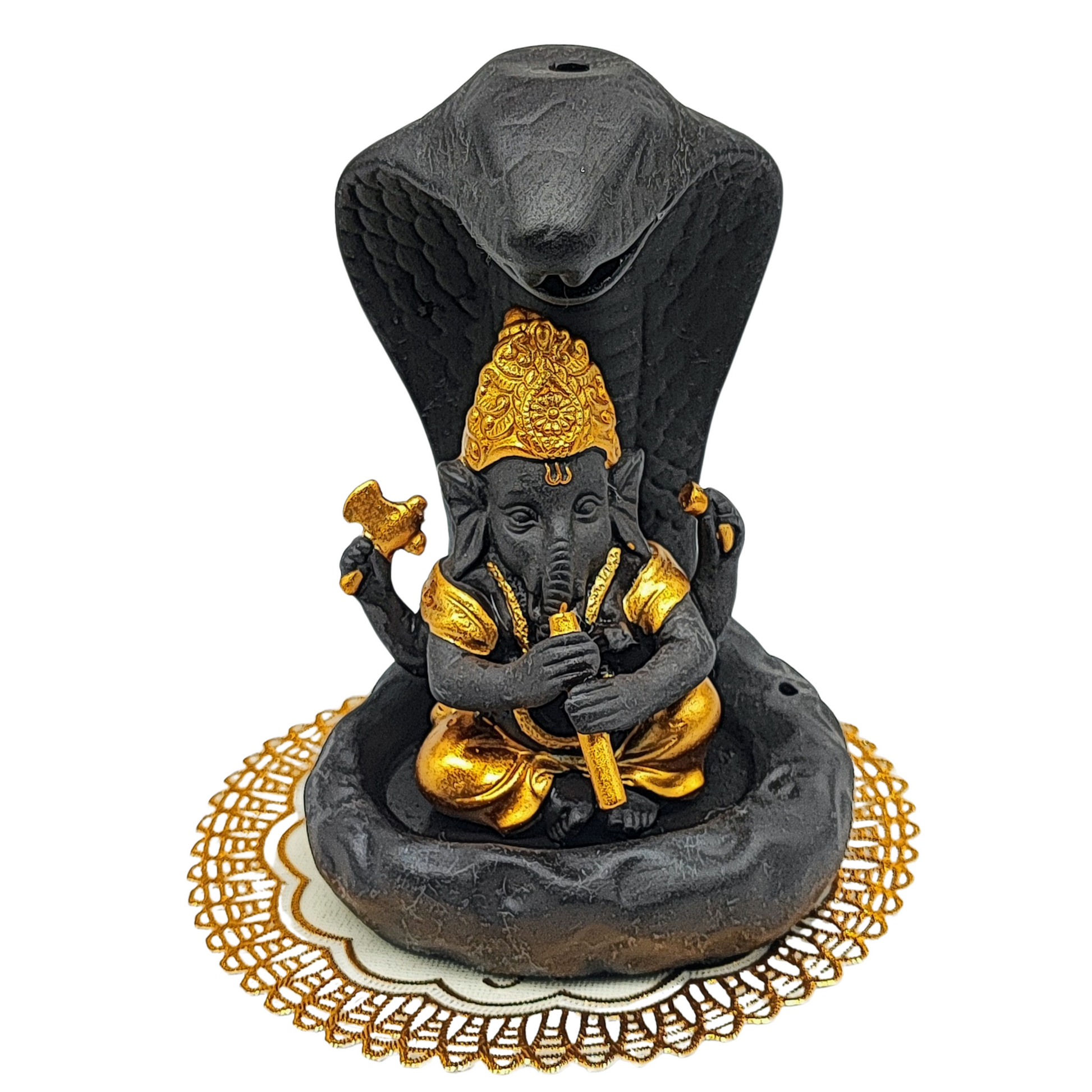 Incense Burner Kit -Ceramic -Backflow & Stick Holder -Ganesha with Snake -Yellow - Arômes et Évasions