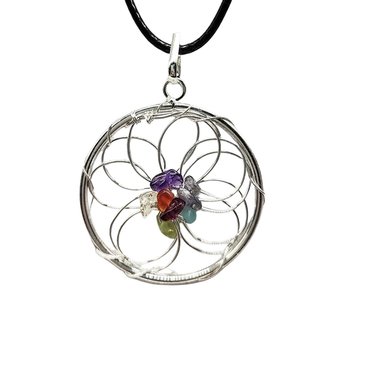 Necklace -Dream Catcher -Flower of Life -7 Chakras -Palm Stone -Aromes Evasions 