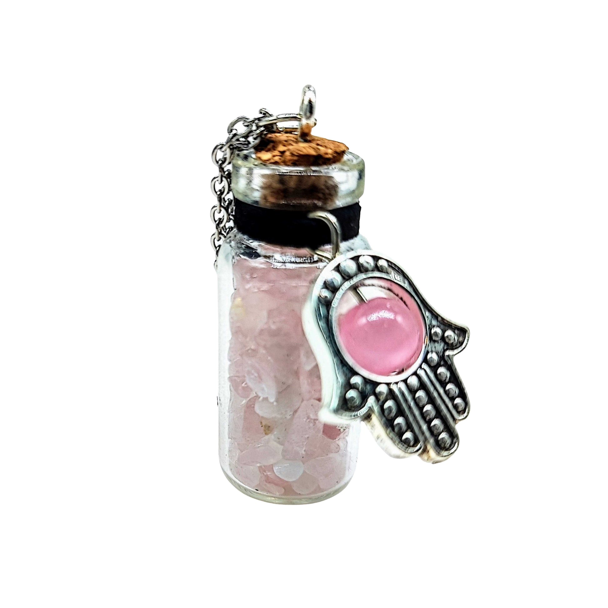 Necklace -Gemstone Chips & Fatima Hand -Large Glass Bottle -Bottle -Aromes Evasions 