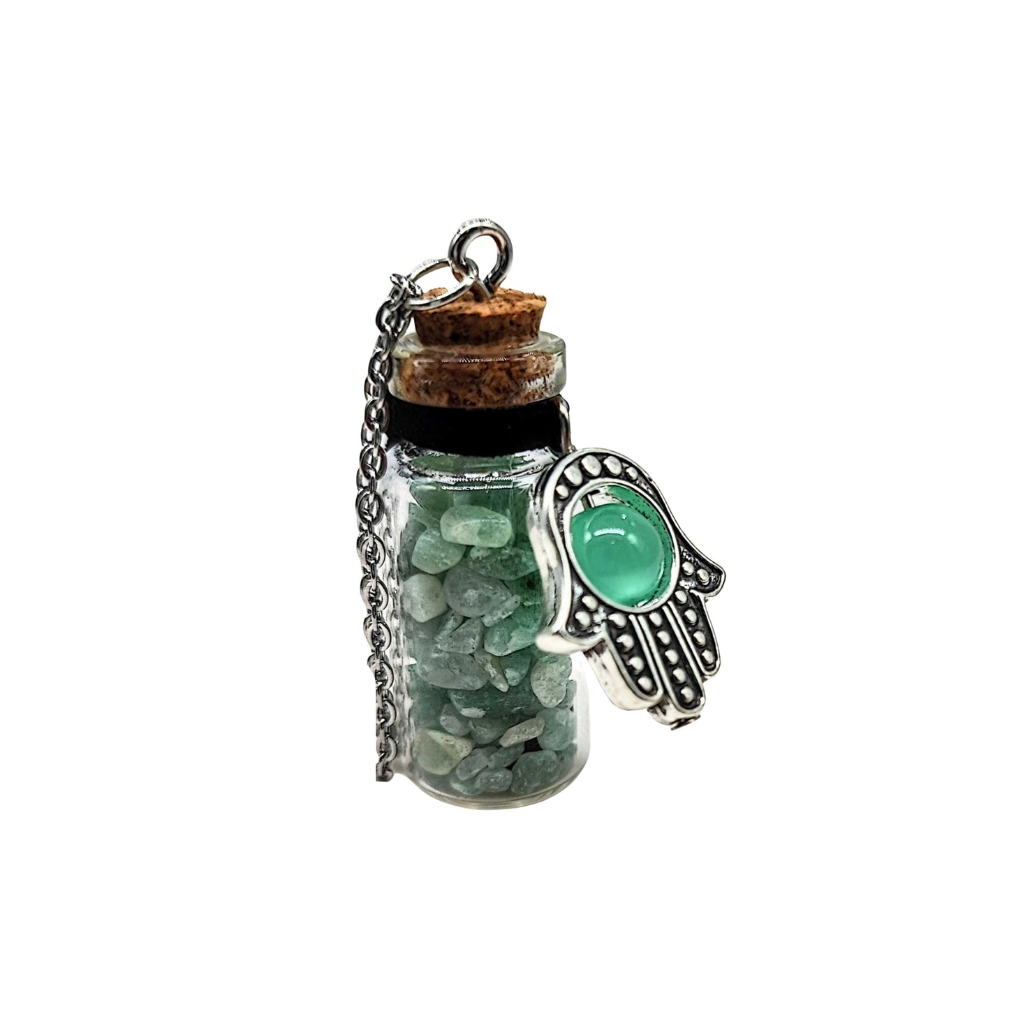 Necklace -Gemstone Chips & Fatima Hand -Large Glass Bottle -Bottle -Aromes Evasions 