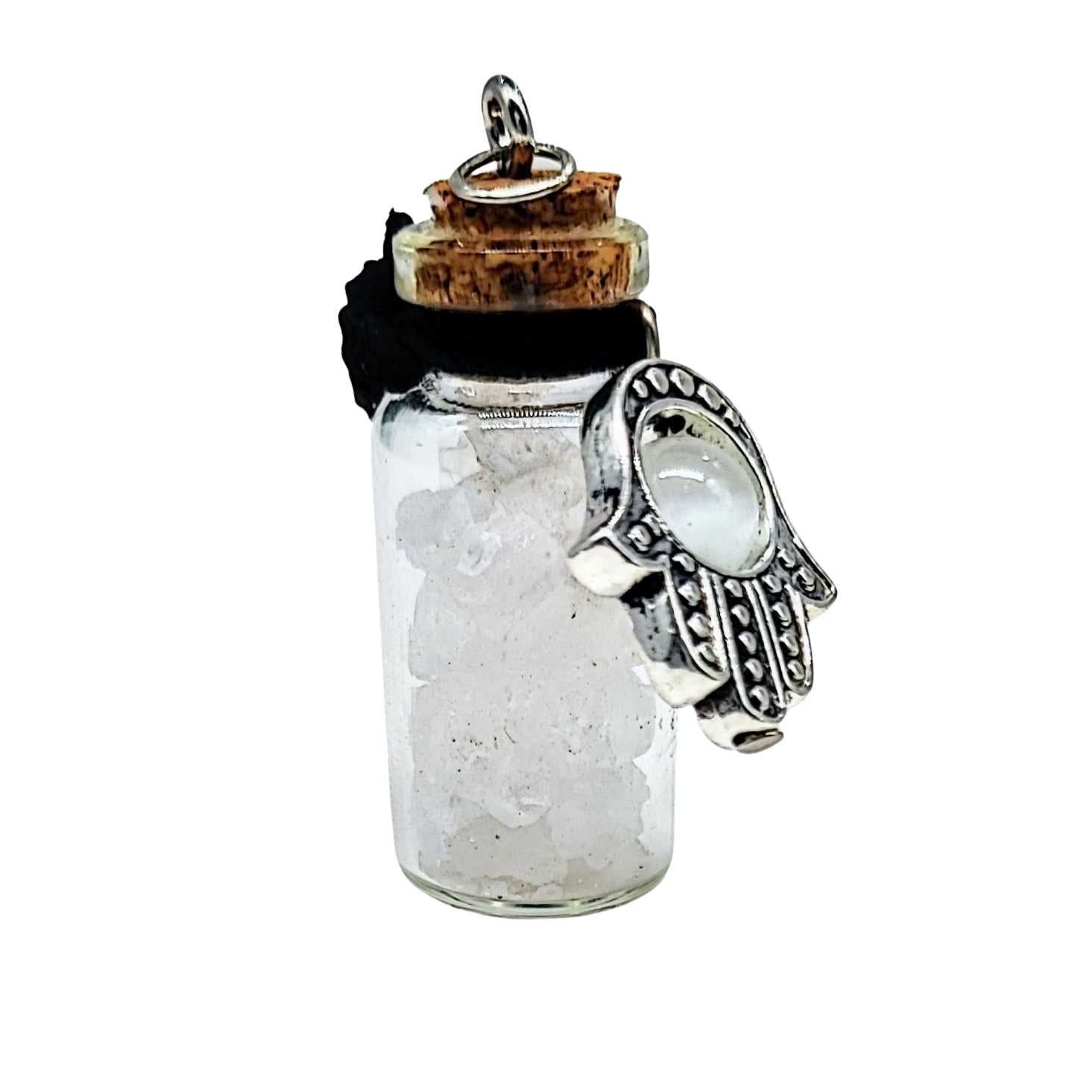 Necklace -Gemstone Chips & Fatima Hand -Large Glass Bottle -Bottle -Aromes Evasions 