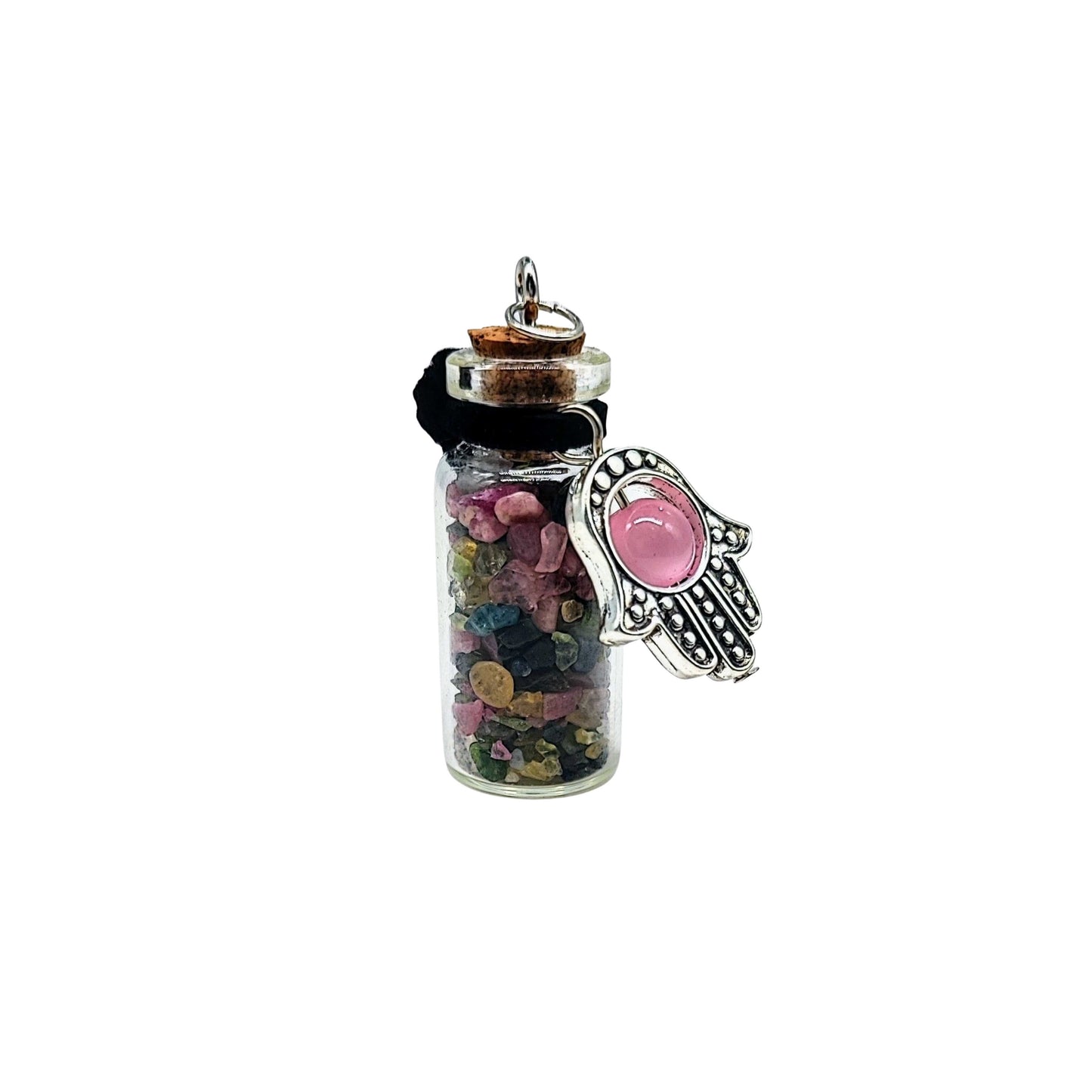 Necklace -Gemstone Chips & Fatima Hand -Large Glass Bottle -Bottle -Aromes Evasions 