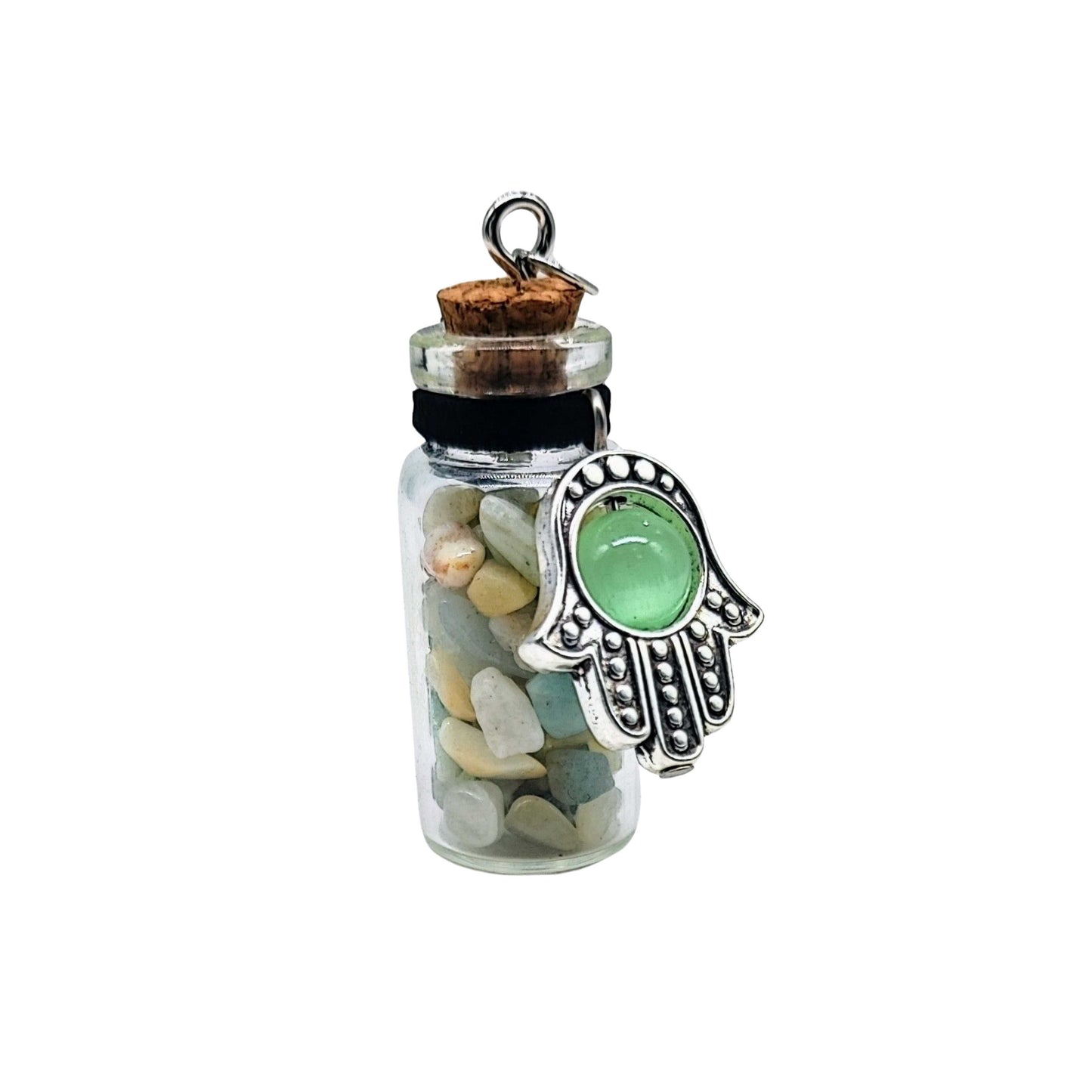 Necklace -Gemstone Chips & Fatima Hand -Large Glass Bottle -Bottle -Aromes Evasions 