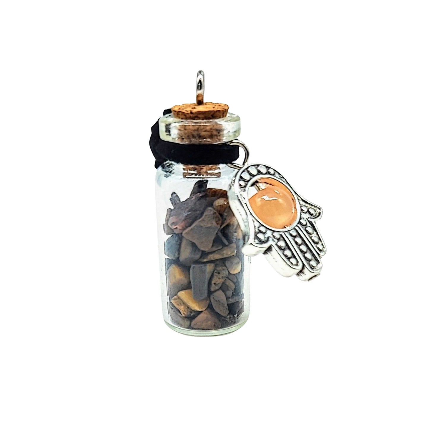 Necklace -Gemstone Chips & Fatima Hand -Large Glass Bottle -Bottle -Aromes Evasions 