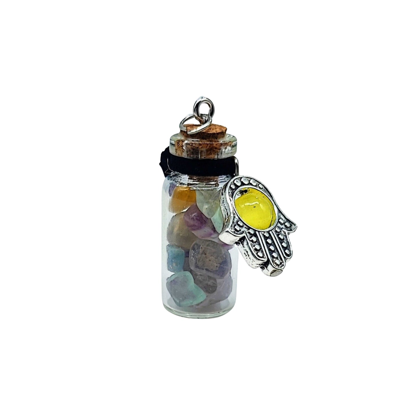 Necklace -Gemstone Chips & Fatima Hand -Large Glass Bottle -Bottle -Aromes Evasions 