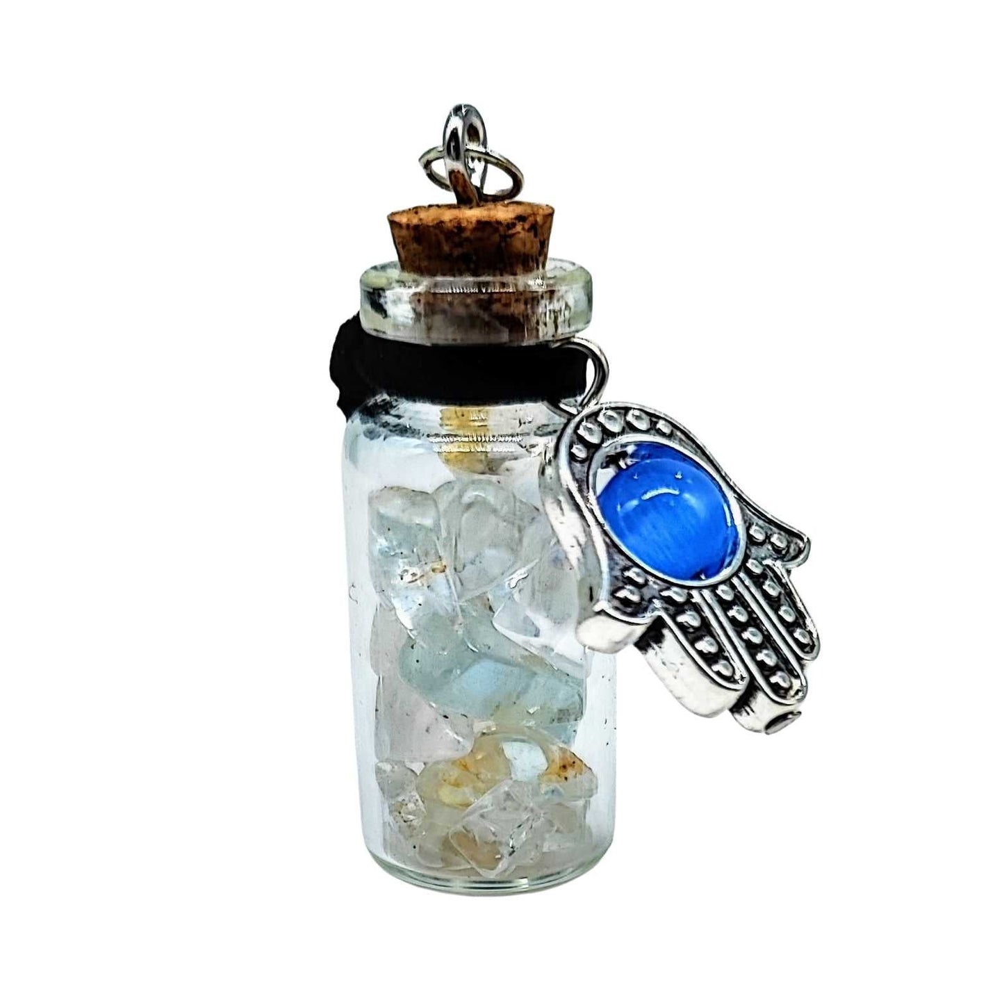 Necklace -Gemstone Chips & Fatima Hand -Large Glass Bottle -Bottle -Aromes Evasions 