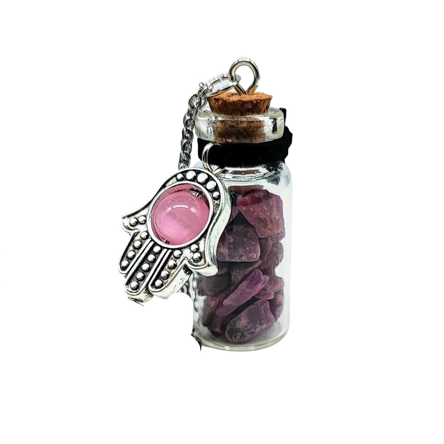 Necklace -Gemstone Chips & Fatima Hand -Large Glass Bottle -Bottle -Aromes Evasions 