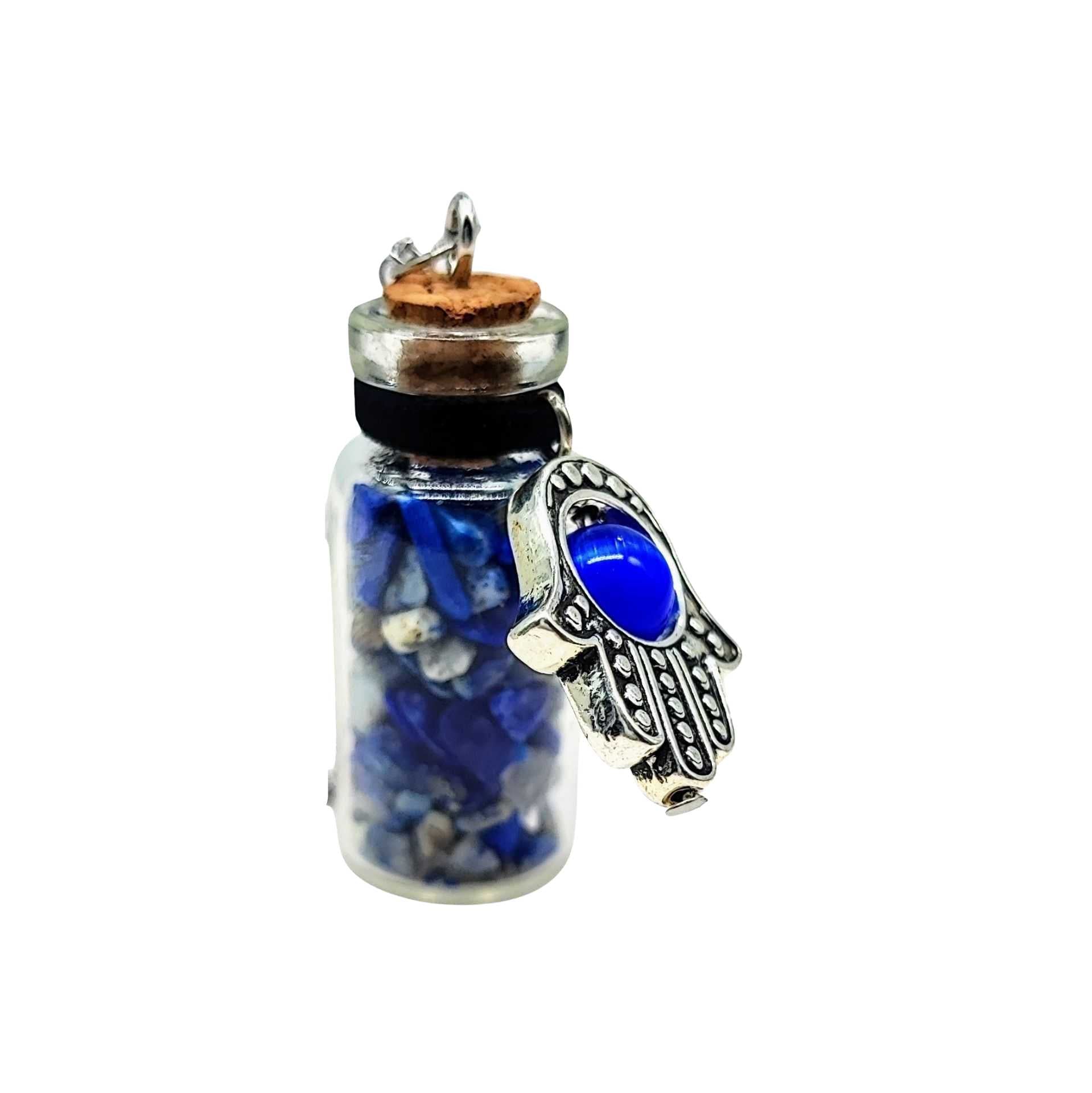 Necklace -Gemstone Chips & Fatima Hand -Large Glass Bottle -Bottle -Aromes Evasions 