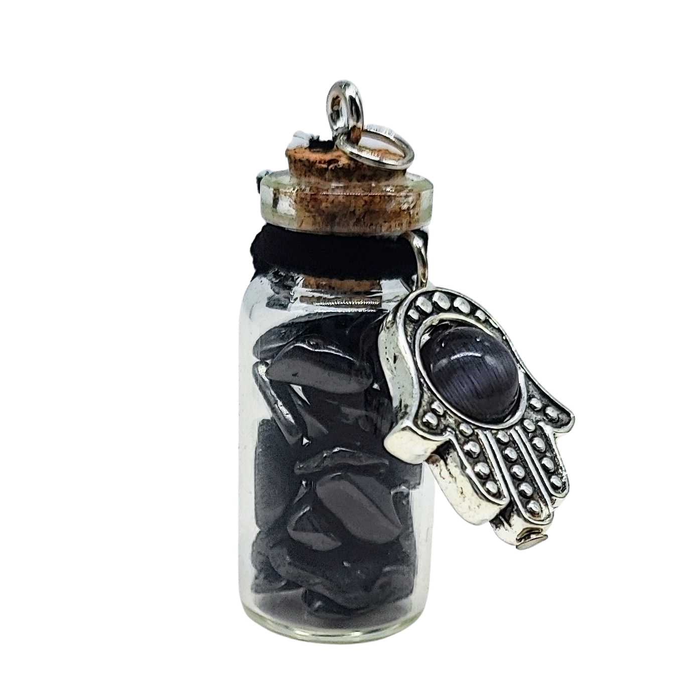 Necklace -Gemstone Chips & Fatima Hand -Large Glass Bottle -Bottle -Aromes Evasions 