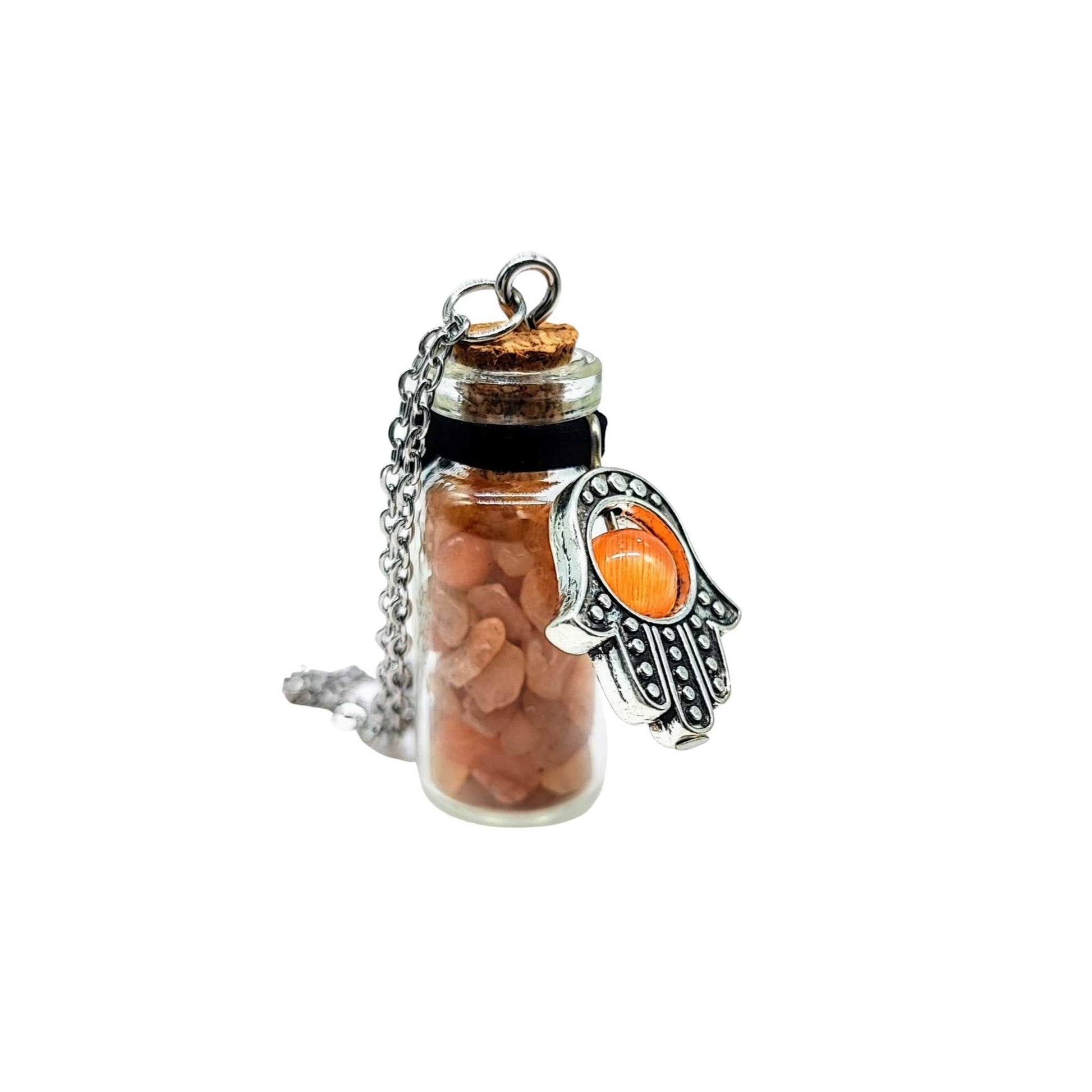 Necklace -Gemstone Chips & Fatima Hand -Medium Glass Bottle -Bottle -Aromes Evasions 