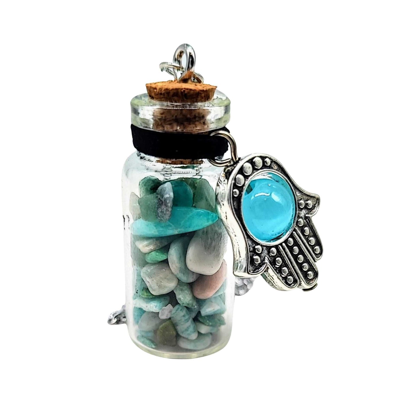 Necklace -Gemstone Chips & Fatima Hand -Medium Glass Bottle -Bottle -Aromes Evasions 