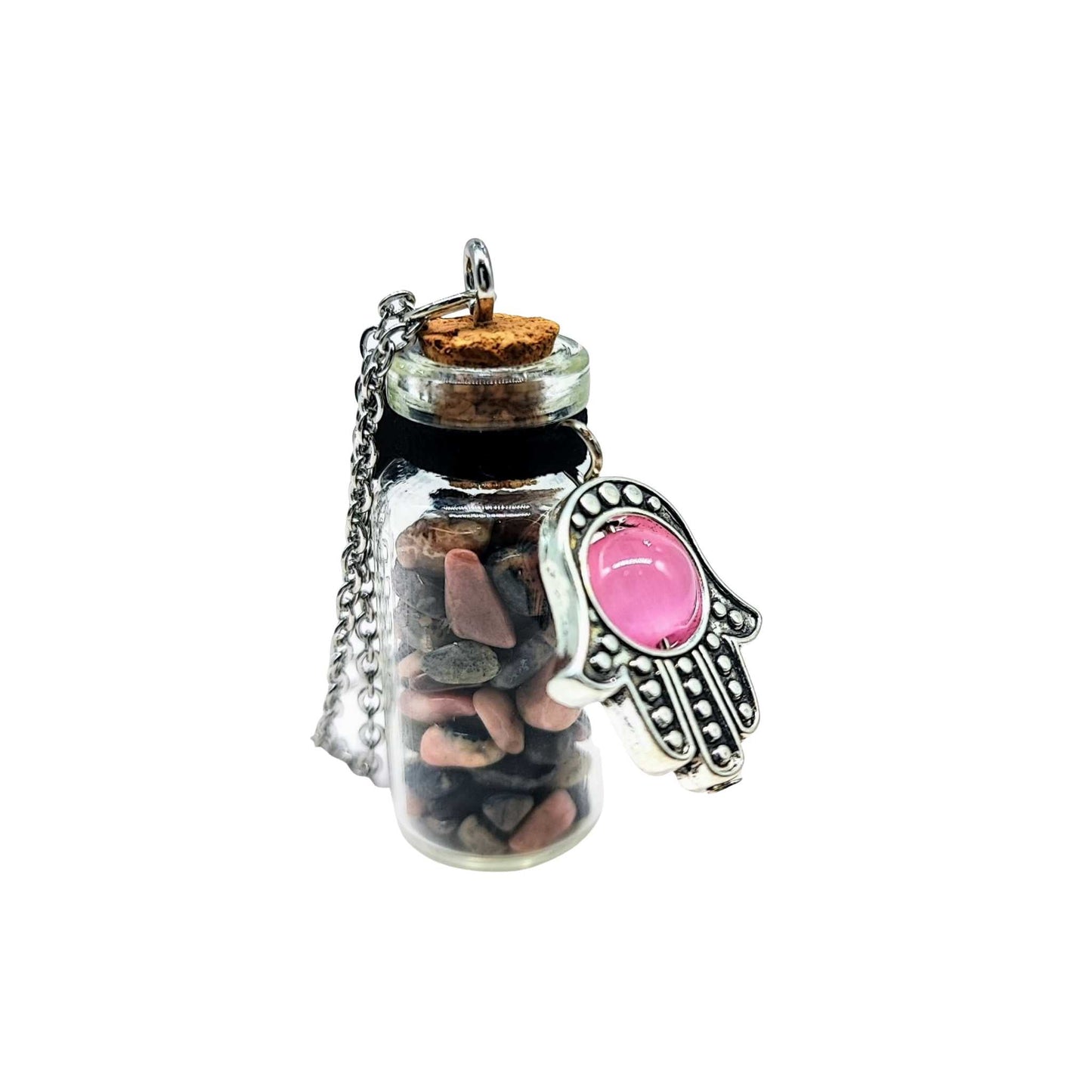 Necklace -Gemstone Chips & Fatima Hand -Medium Glass Bottle -Bottle -Aromes Evasions 