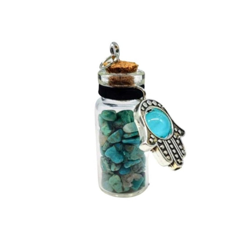 Necklace -Gemstone Chips & Fatima Hand -Medium Glass Bottle -Bottle -Aromes Evasions 