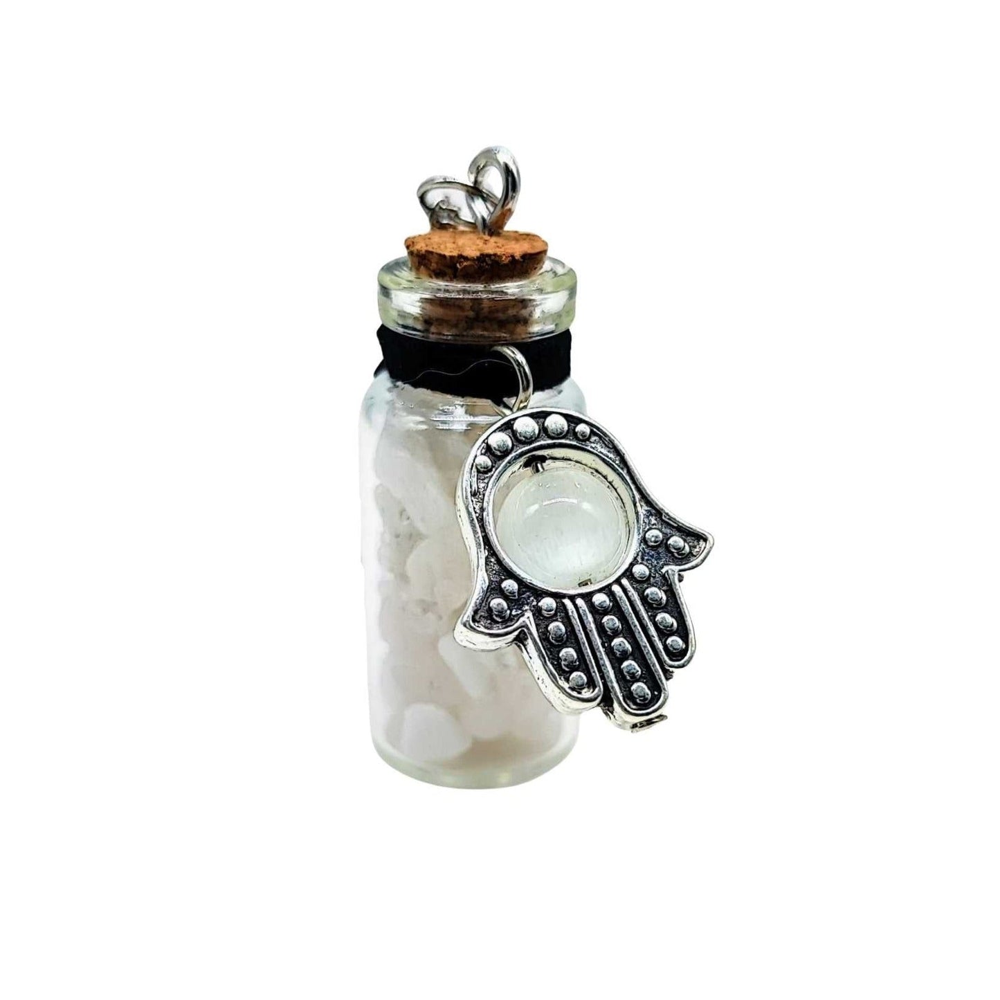 Necklace -Gemstone Chips & Fatima Hand -Medium Glass Bottle -Bottle -Aromes Evasions 