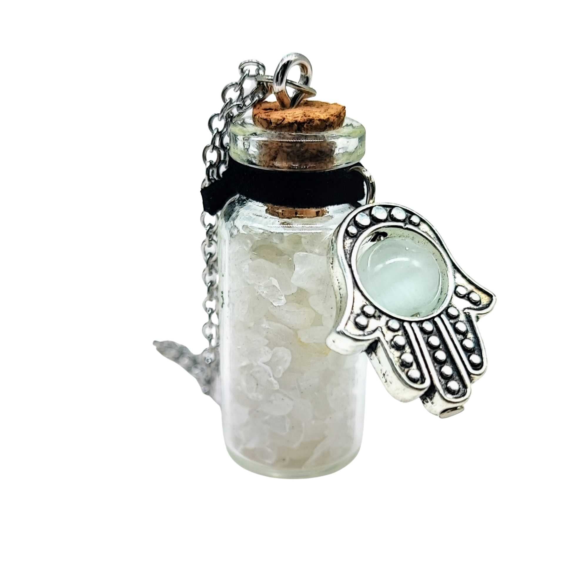 Necklace -Gemstone Chips & Fatima Hand -Medium Glass Bottle -Bottle -Aromes Evasions 