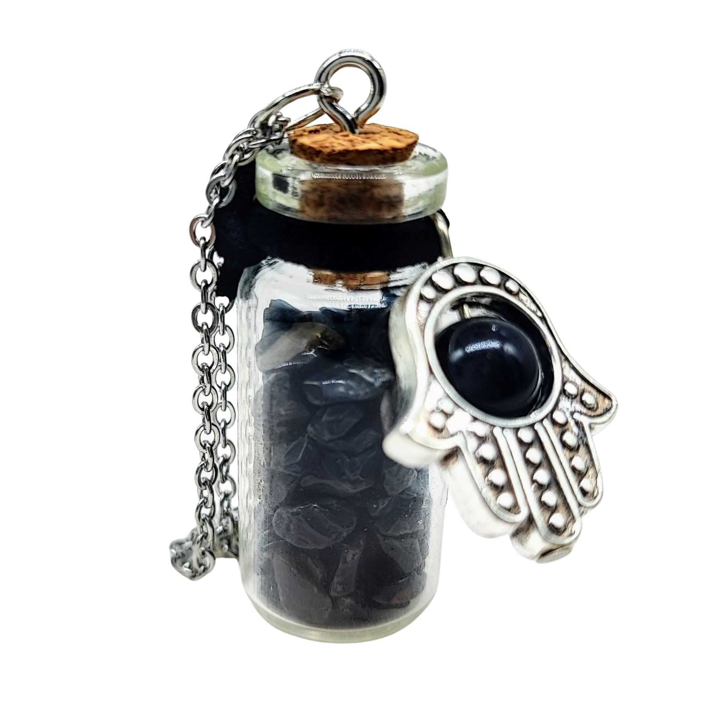 Necklace -Gemstone Chips & Fatima Hand -Medium Glass Bottle -Bottle -Aromes Evasions 