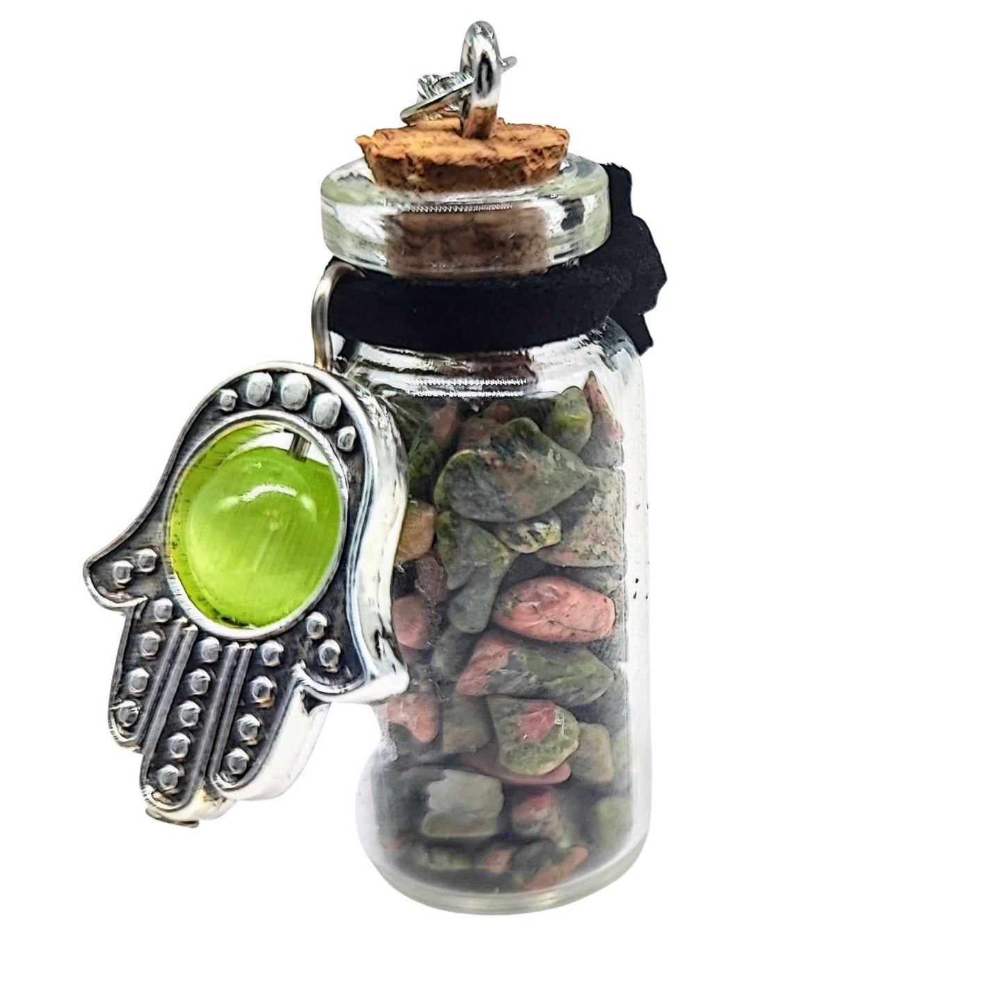 Necklace -Gemstone Chips & Fatima Hand -Medium Glass Bottle -Bottle -Aromes Evasions 