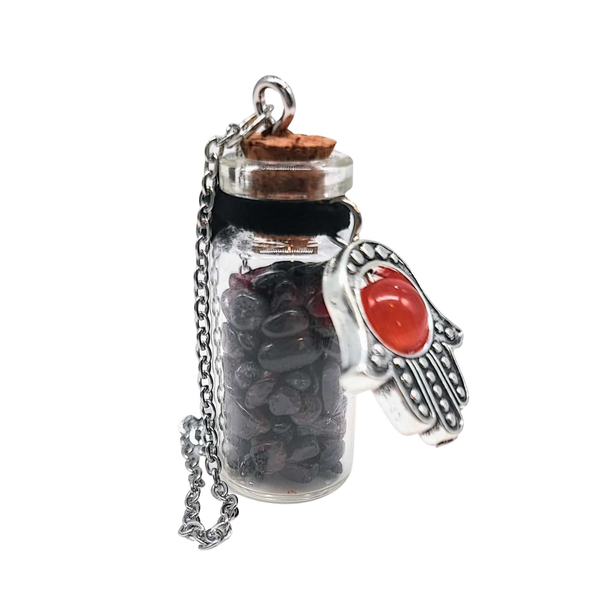 Necklace -Gemstone Chips & Fatima Hand -Medium Glass Bottle -Bottle -Aromes Evasions 