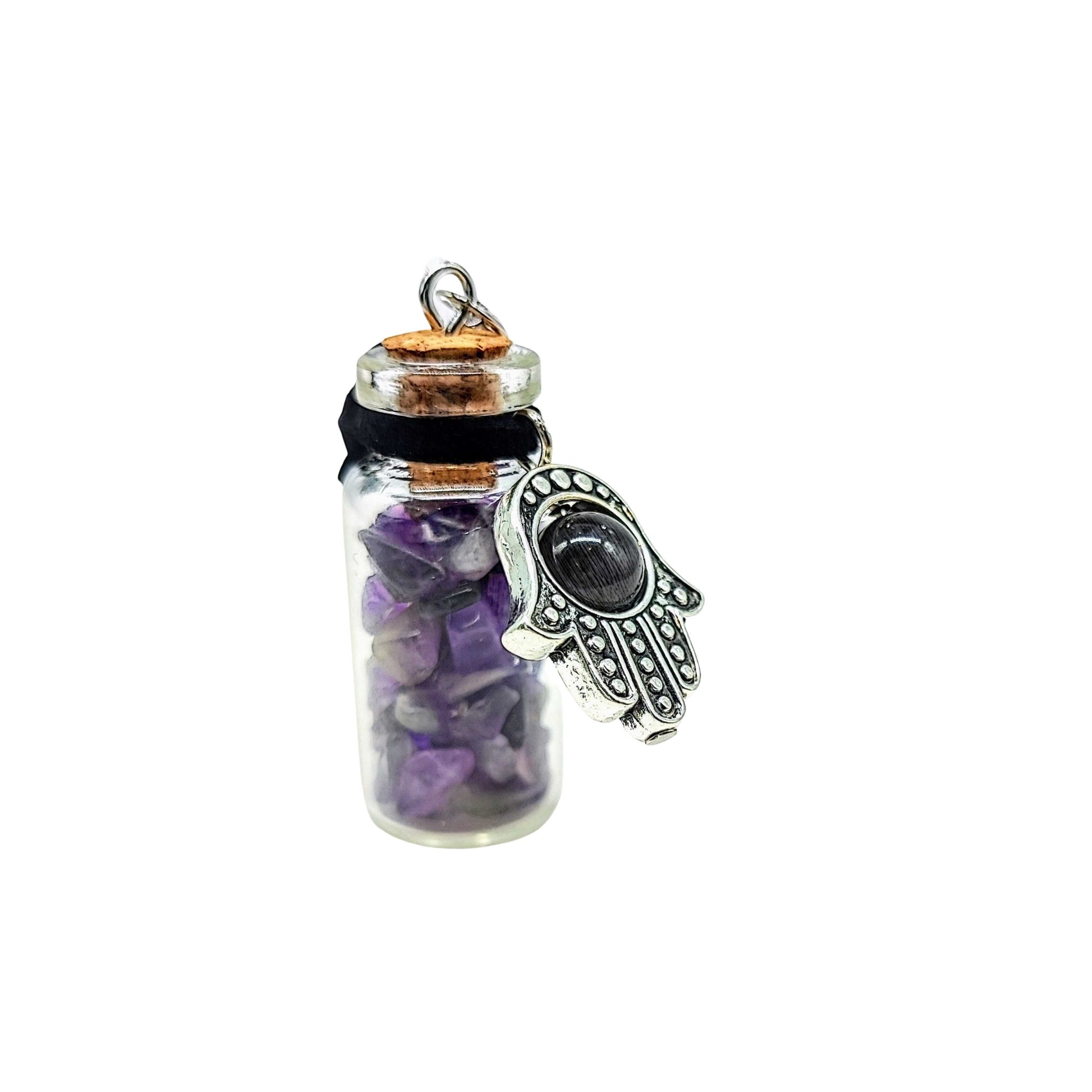 Necklace -Gemstone Chips & Fatima Hand -Medium Glass Bottle -Bottle -Aromes Evasions 