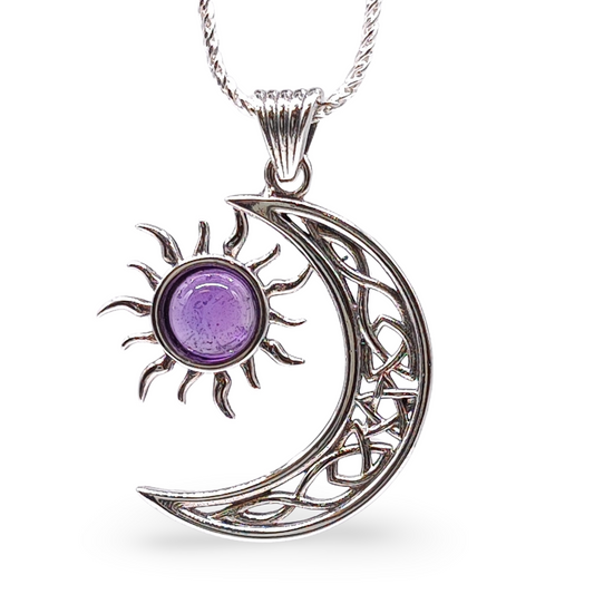 Necklace -925 Sterling Silver -Celtic Moon & Sun -Decorated with Gemstones - Arômes et Évasions