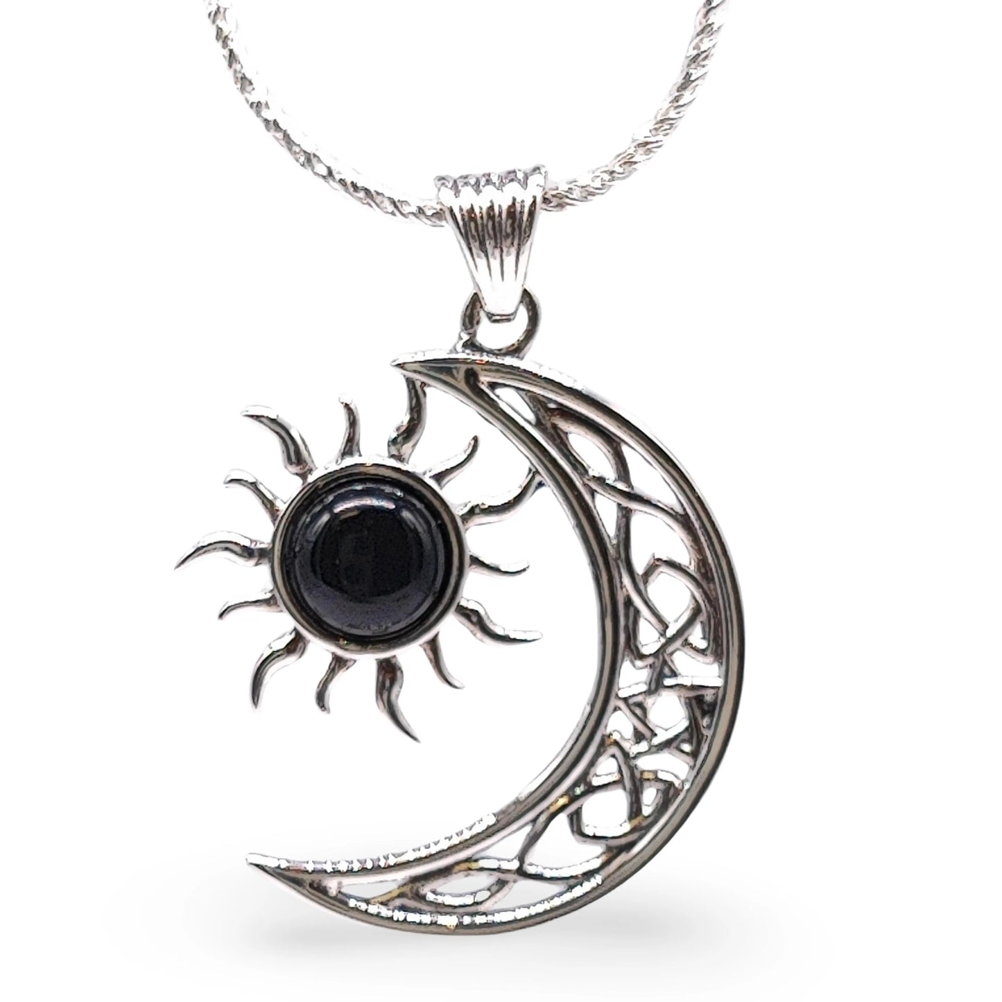 Necklace -925 Sterling Silver -Celtic Moon & Sun -Decorated with Gemstones - Arômes et Évasions