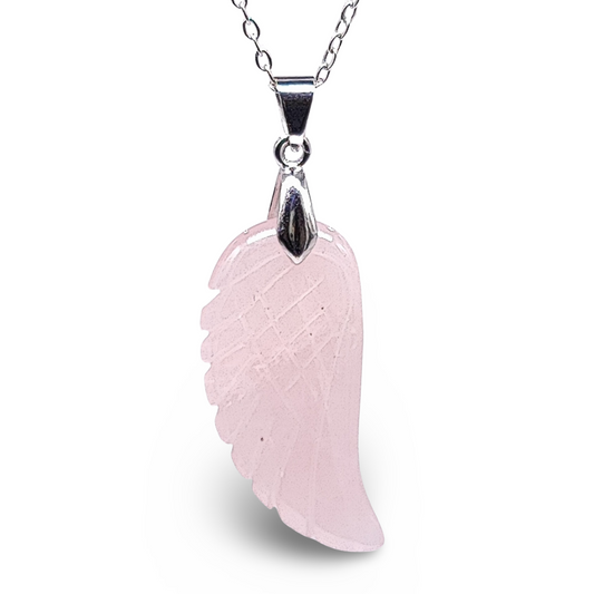 Necklace -Gemstone -Angel Wings -Rose Quartz - Arômes et Évasions