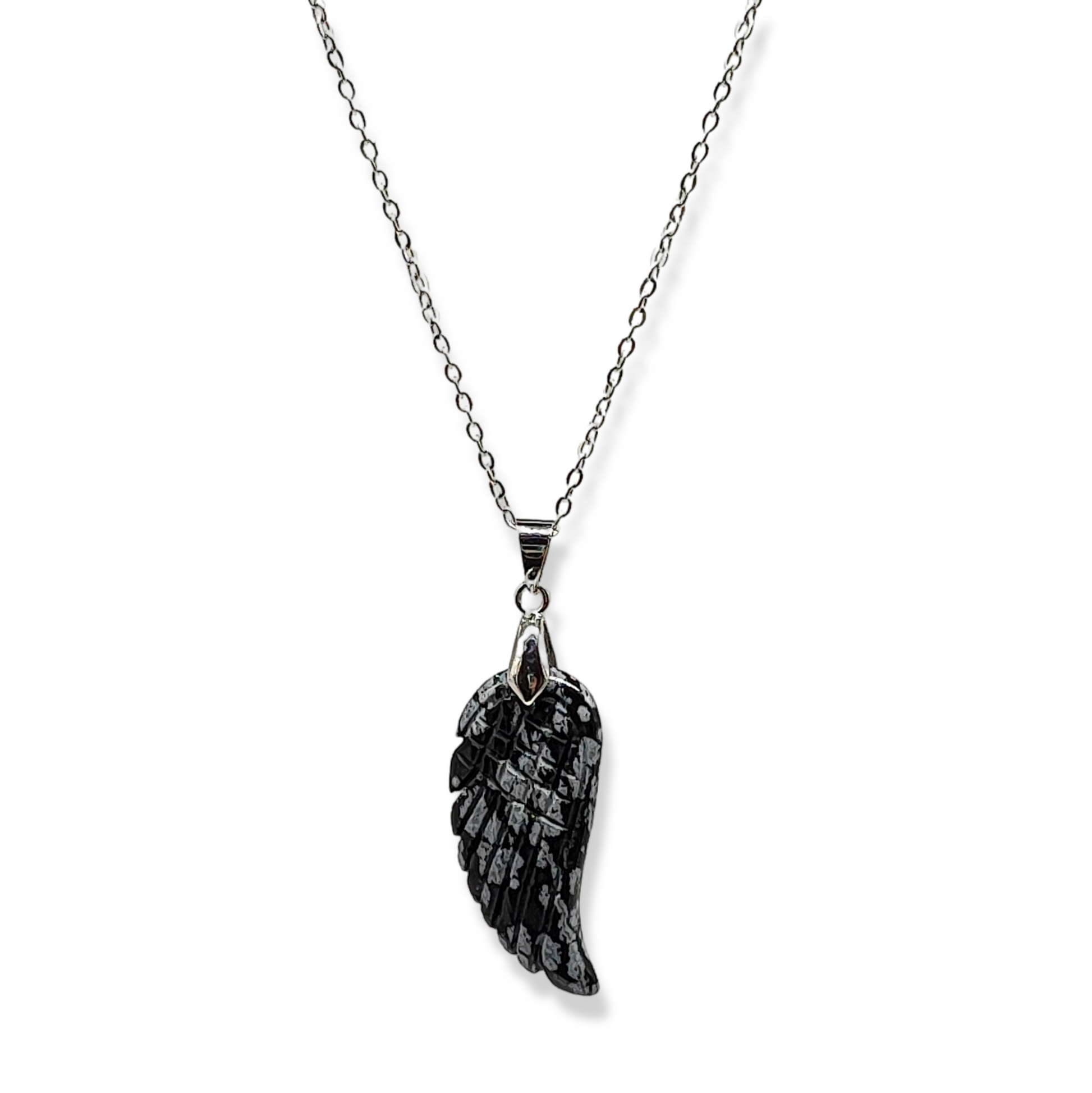 Necklace -Gemstone -Angel Wings -Snowflake Obsidian - Arômes et Évasions