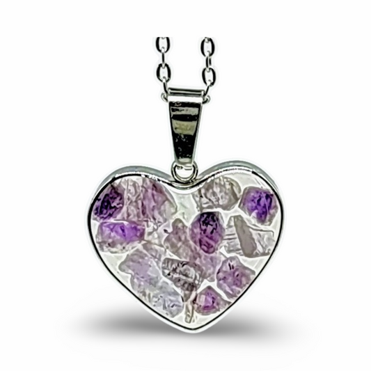 Necklace -Heart Shaped Glass Bottle -Amethyst - Arômes et Évasions