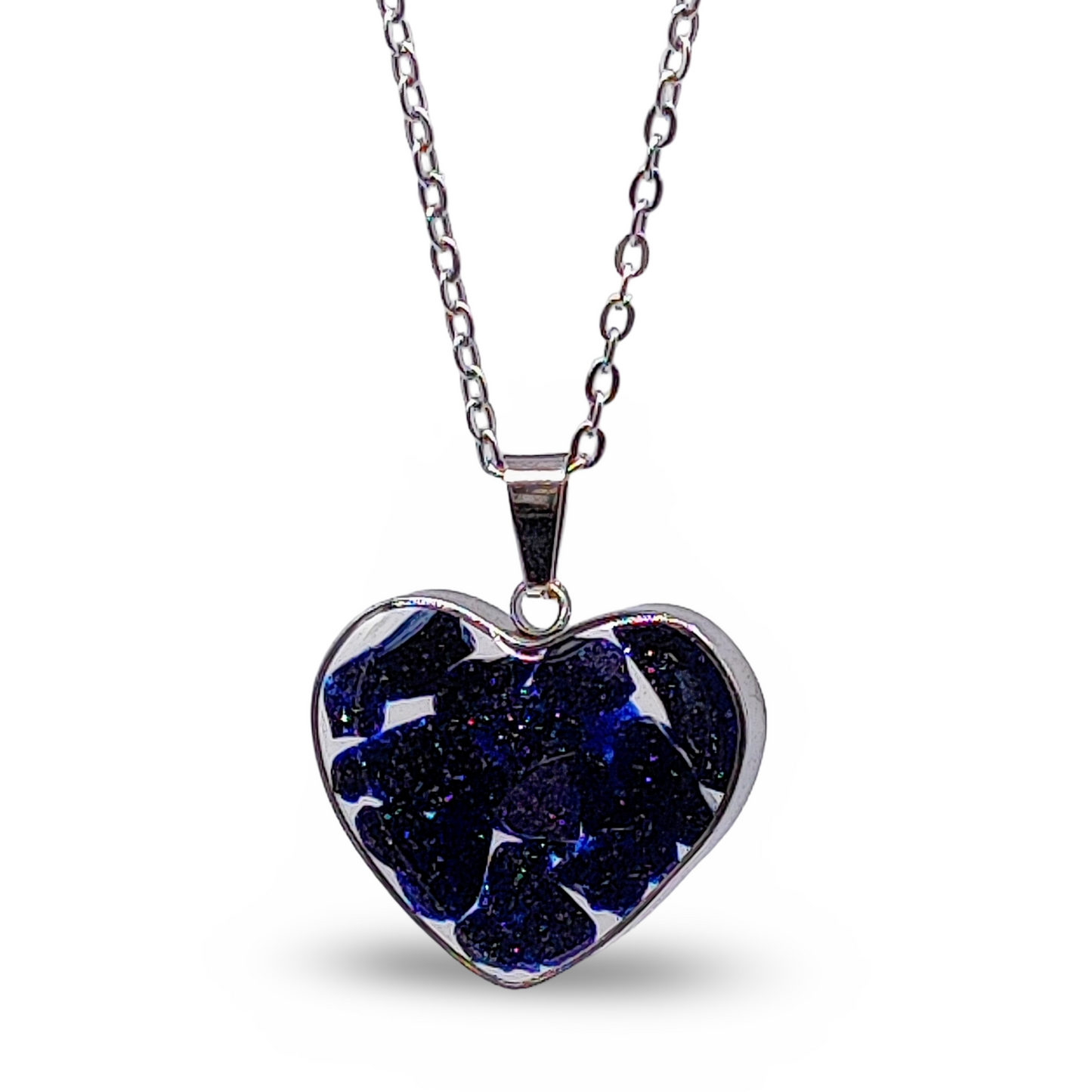 Collier -Bouteille en verre en forme de coeur -Pierre dorée bleue