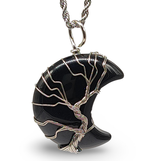 Necklace -Tree of Life -Natural Black Obsidian -Crescent Moon - Arômes et Évasions