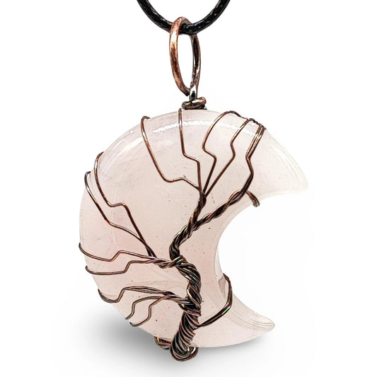 Necklace -Tree of Life -Natural Rose Quartz -Crescent Moon - Arômes et Évasions