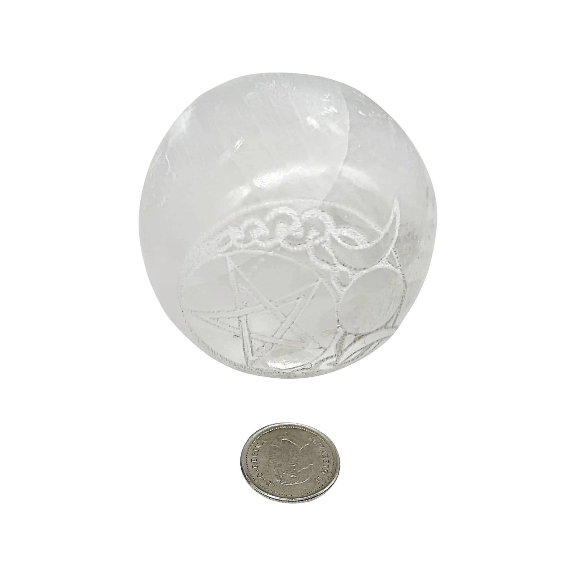 Sphere -Selenite -2'' -Triple Moon & Pentacle Engraved -2" -Aromes Evasions 